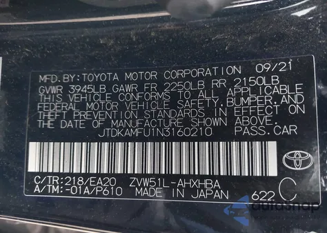 2022 Toyota Prius Nightshade Edition z USA, uszkodzony, nr VIN JTDKAMFU1N3160210